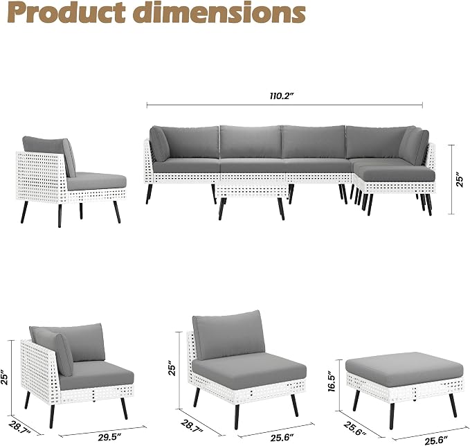 Vikiullf Patio Sectional Sofa Set, White Wicker Outdoor Furniture with 4" High-Density Cushions, Deep Seating Conversation Set with Coffee Table (8-Pieces)