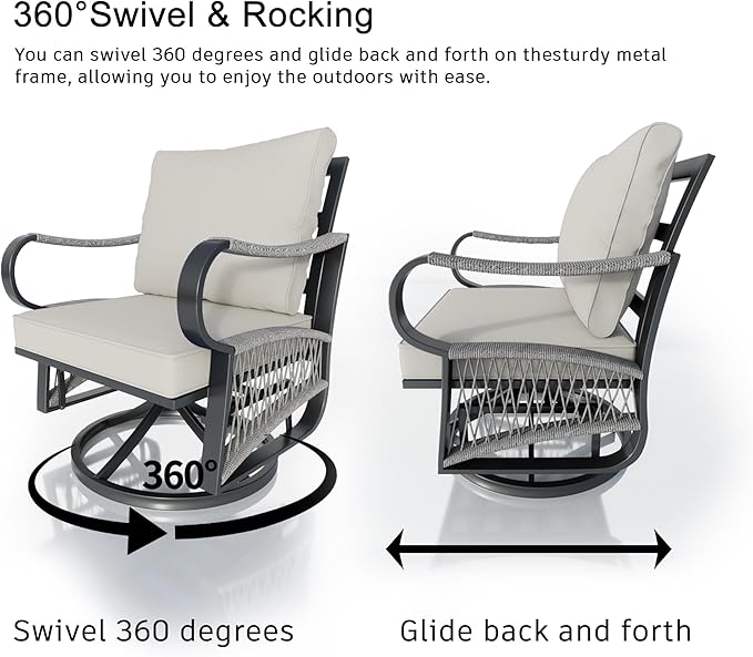 6 Pieces Patio Furniture Set, Metal Outdoor Conversation Sets with Swivel Chairs, Modern Couch Sofa Seating Group with Coffee Table and Side Table (Thick Beige Cushions)