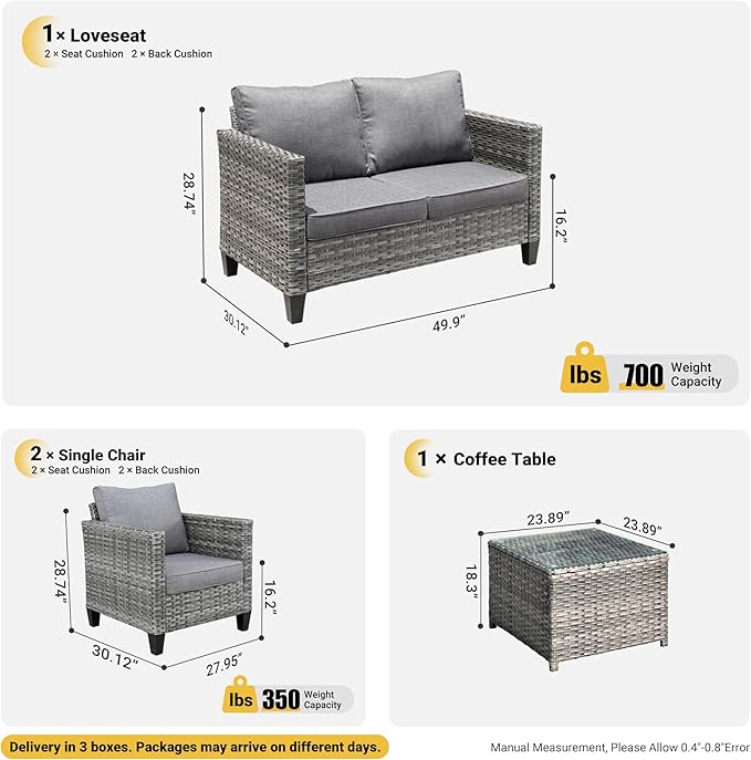 ovios 4 Pieces Patio Furniture Set, Outdoor Wicker Rattan Sofa Couch with Loveseat, Chairs, Glass Coffee Table, Conversation Sets for Yard Porch Garden, Dark Grey