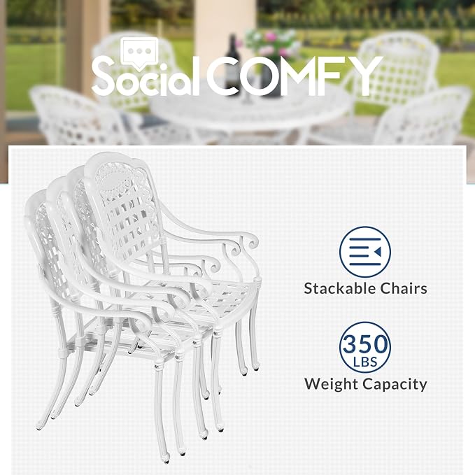 5-Piece Outdoor Patio Dining Set, All-Weather Cast Aluminum Furniture Conversation Set, Include 4 Chairs and a 38.5” Round Table with Umbrella Hole for Balcony, Lawn, Garden