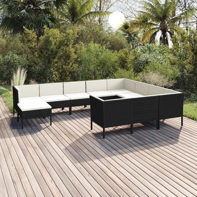 11 Piece Patio Lounge Set with Cushions,Patio Sofa,Outdoor Daybed,Patio Seating,Outdoor Furniture Sets,Patio Conversation Sets,Modern Set,Outdoor Patio Chairs,for Backyard,Garden,Poly Rattan Black