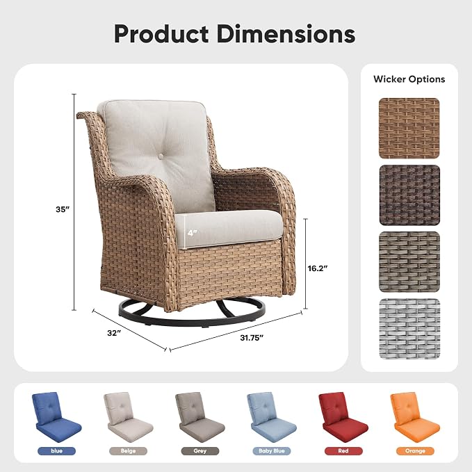 Belord Outdoor Swivel Chairs Set of 2,Patio Wicker Rocker Chairs,All Weather Patio Conversation Furniture Set, Ideal for Porch Balcony Deck Yard, Yellow Wicker/Beige