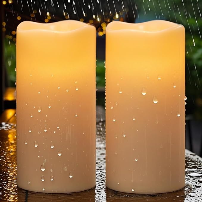 Eldnacele Large Outdoor Solar Flameless Candles Waterproof, 4" x 8", Solar Powered Dusk to Dawn Plastic LED Flickering Pillar Candles for Garden Patio Lanterns Wedding Holiday Decor(2 Pack White)