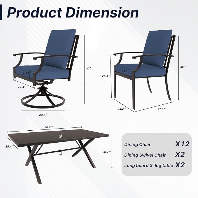 16 PCS Outdoor Patio Dining Set,Patio Table and Chairs Metal Outdoor Patio Furniture Set with Umbrella Hole,Dining Table Set with Swivel Chairs for Deck,Backyard and Garden,Navy Blue
