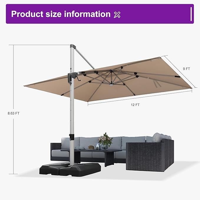 PURPLE LEAF Patio Umbrella with Base 9' X 12' Outdoor Rectangle Cantilever Umbrella Solar Powered LED with 360-degree Rotation for Garden Deck Pool Patio, Beige