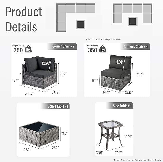 HOOOWOOO Patio Outdoor Sectional Furniture Sofa Set,7 Piece U Shaped Corner Wicker Rattan Couch Set,Rustic 6 Persons Summer Patio Conversation Set for Outside Porch Deck Garden(Black)