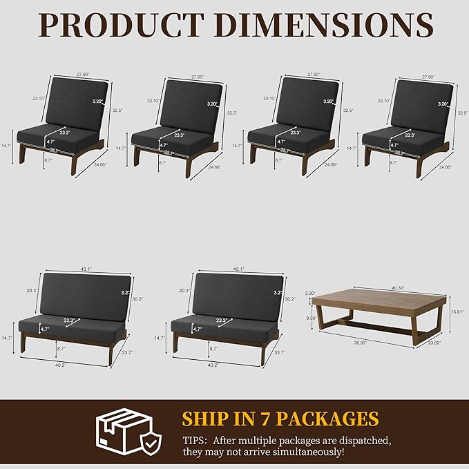 UIXE 7 Pieces Wood Patio Furniture Sets, 2 Patio Loveseat, 4 Patio Bistro Chair, All Weather Outdoor Sectional Sofa Furniture Backyard Conversation Set with Coffee Table - Dark Gray