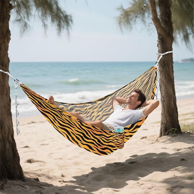 Camping Hammock Outdoor Hammocks for Outside Orange Black Tiger Stripe Beach Trees Portable Lightweight with Pockets Tree Straps Indoor
