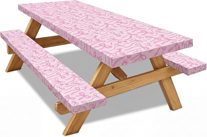 SmoothNovelty Pink Bow Picnic Table Cover with Bench Covers for 6 ft Tables, Fitted Elastic Polyester Waterproof Camping Tablecloth for Women Birthday Party Supplies Cute Patio Picnic BBQ Decor