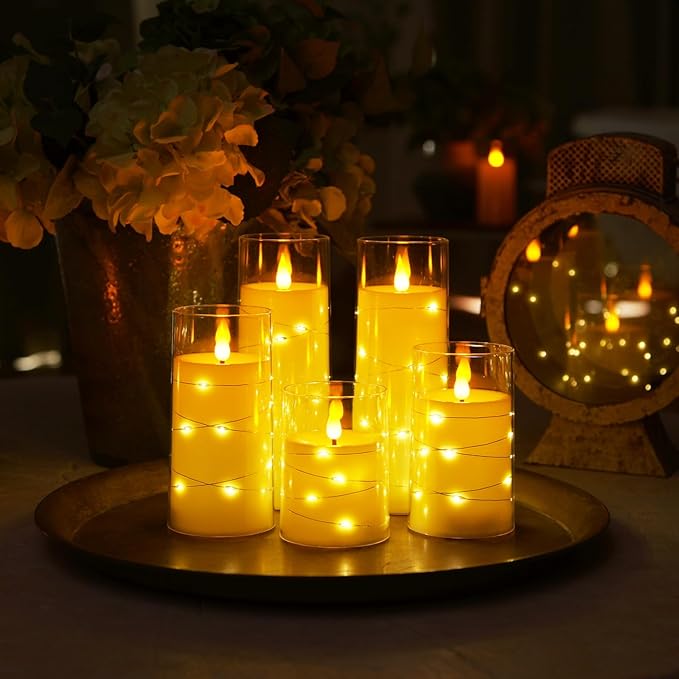 Homemory Pure White Flameless Candles with Embedded Star String Fairy Lights, Battery Operated Candle, LED Candles, Fake Candles with Remote Control and Timer, Set of 5(H4"5"6"8"8")