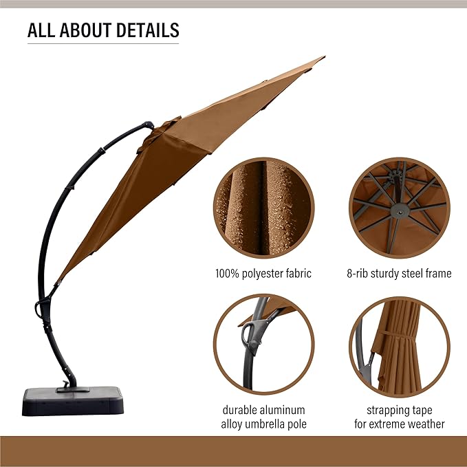LAUSAINT HOME 12FT Curvy Cantilever Patio Umbrella with Base, 360° Rotation Offset Outdoor Umbrella, Heavy Duty Hanging Umbrella for Backyard, Pool, Garden（Tan）