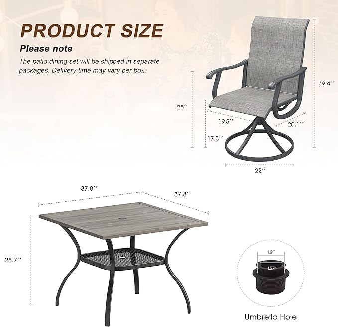 VICLLAX Patio 5 Pieces Outdoor Dining Set for 4, 38" Square Metal Dining Table with Umbrella Hole and 4 Swivel Textilene Chairs for Lawn,Garden,Porch,Grey