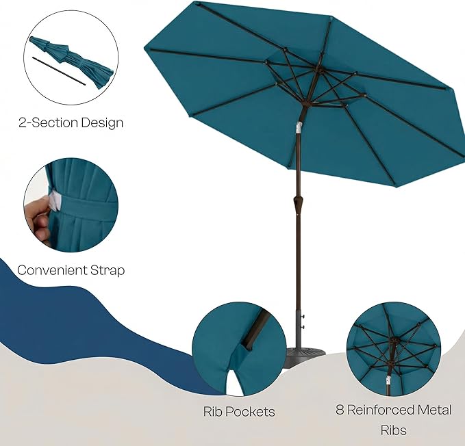 Outdoor Patio Umbrella, 2 Tiers Market Table Umbrella with 8 Sturdy Ribs, Push Button Tilt and Crank, UPF50+ UV Protection for Deck, Pool, Garden and Backyard