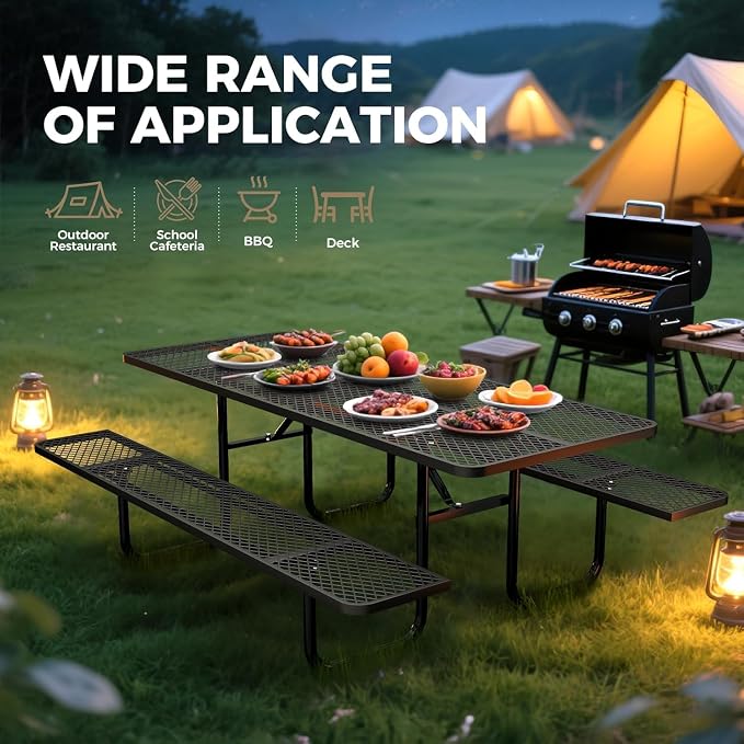 72" Coated Round Metal Picnic Table for 4-6 Person, Durable Heavy Duty Commercial Picnic Table with Umbrella Hole for Outdoor Coffee Shop, School, Easy to Install, Black