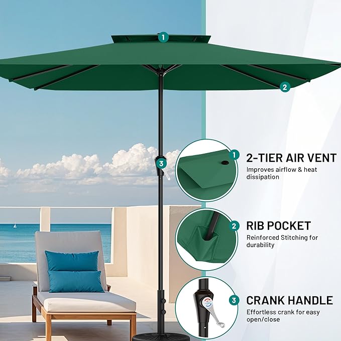 AreShark 8'x10' 2 Tiers Rectangular Patio Umbrella - Outdoor Umbrella Waterproof UV Protection, Market Table Umbrella w/Crank for Pool, Backyard, Deck(Dark Green)