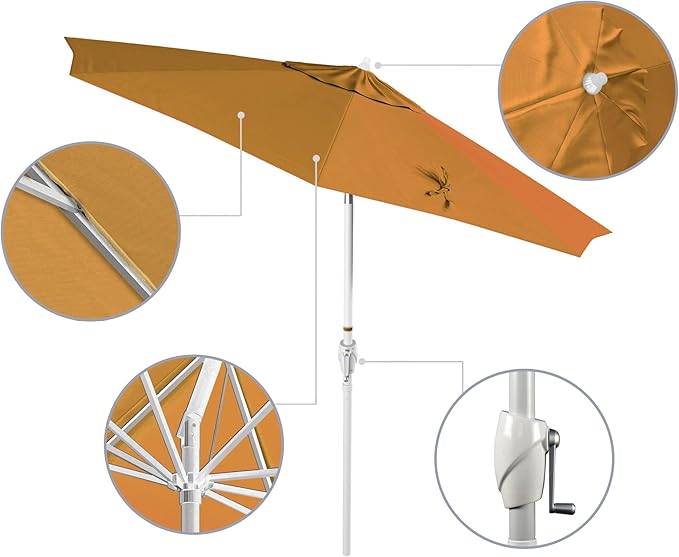 California Umbrella 12-Year Protection 9' Rd Aluminum Patio Umbrella, Crank Lift, Auto Tilt, White Finish, Sunbrella Wheat