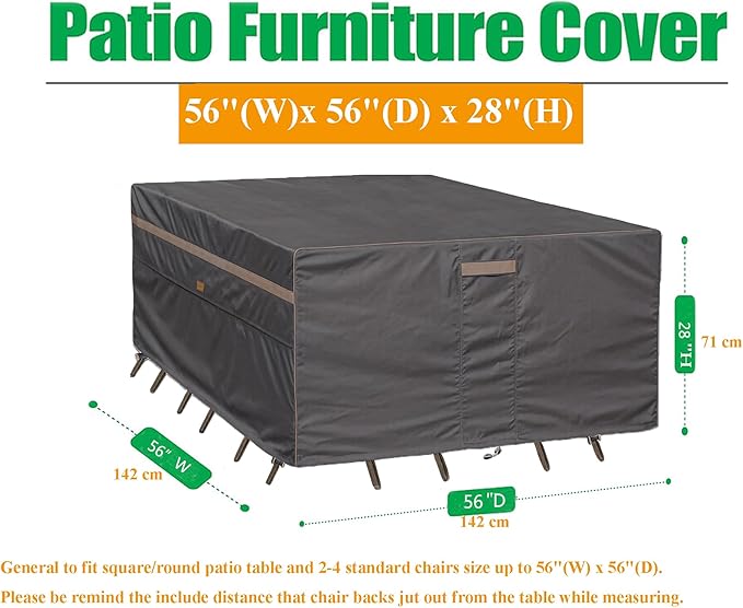 Heavy Duty Waterproof Patio Furniture Covers UV Resistant Square Outdoor Table and Chair Covers 56" Wx 56" D x 28" H Dark Grey