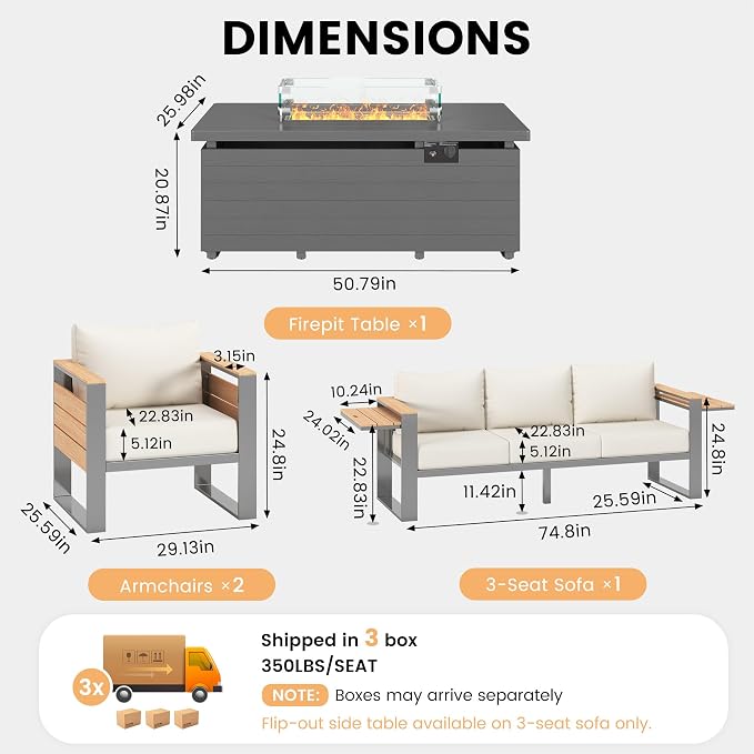 Sundale Outdoor Aluminum Patio Furniture Set with Fire Pit, 4 Piece Patio Conversation Sets with 5" Thick Cushions, Shimmer Coated Outdoor Couch with 2 Extendable Side Tables for Yard, Deck