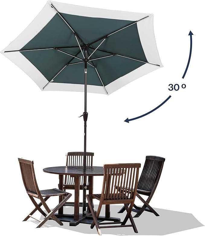 JONATHAN Y Spencer 9 ft. Solar Powered LED Patio Umbrella with Crank and Tilt, Hexagon Outdoor Market Sunshade for Garden, Deck and Pool, Green/White, Dark Brown Pole UMB1100E