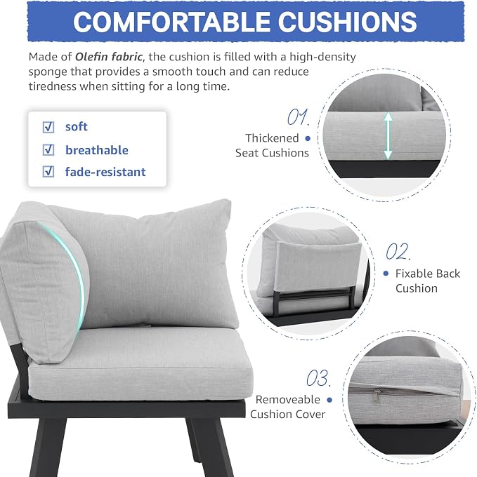 SUNSITT 4-Piece Outdoor Patio Furniture Set L-Shaped Aluminum Sectional Sofa with Faux Wood Grain Top Coffee Table, All-Weather Patio Conversation Set with Cushions, Light Grey