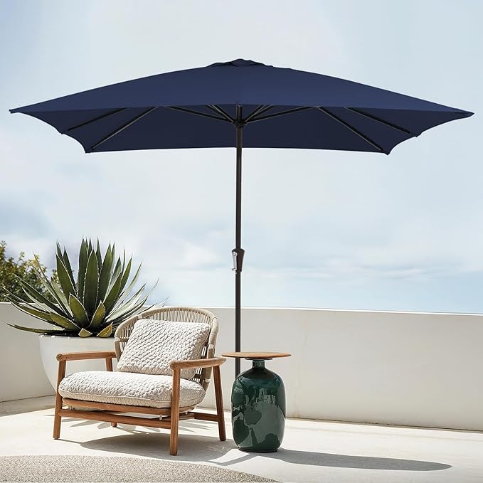 JEAREY 8x10 ft Rectangular Patio Umbrellas Outdoor Table Market Umbrella w/Crank, 8 Sturdy Ribs, UV Protection Windproof Sunproof for Garden, Deck, Backyard, Pool(Navy Blue)