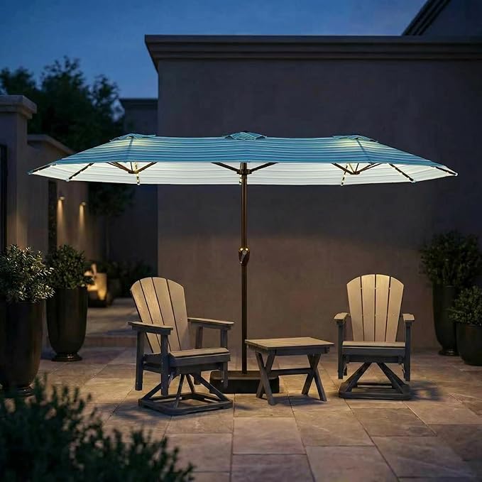 15FT Patio Umbrella with Solar Lights, Double-Sided Extra Large Outdoor Table Umbrella with Base Included, Heavy-Duty 12 Iron Ribs Market Umbrella for Garden, Pool, Backyard, Green Stripes