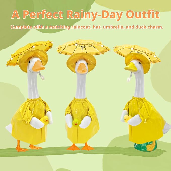 23 Inch Porch Goose Raincoat Outfit Set with Umbrella & Baby Duck Companion, Waterproof Geese Clothes for 19–23 Inch Goose and Duck Statues,Garden Yard Patio Outdoor Decor