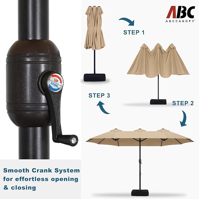 ABCCANOPY 15FT Patio Umbrella with Base, Outdoor Double-Sided Rectangle Umbrella Bonus Latch, Wights for Poolside, Lawn, Backyard (Khaki)
