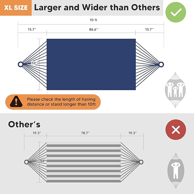 SUNCREAT Hammocks Outdoor Camping Double Hammock, Extra Large 2 Person Hammock for Camping, Navy