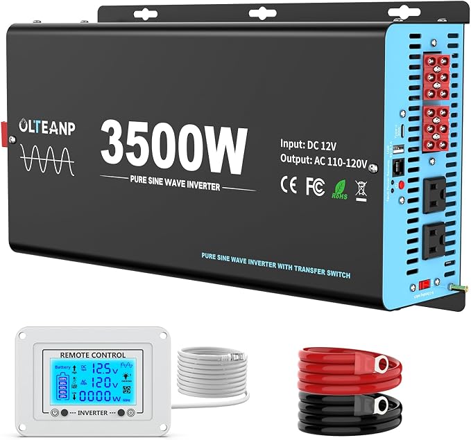 3500W Pure Sine Wave Power Inverter with Transfer Switch, 12V DC to 120V AC Converter, 7000W Peak, Auto Switch to Shore Power, Remote LCD Controller, USB & Type-C for RV, Truck, Off-Grid Heavy Duty