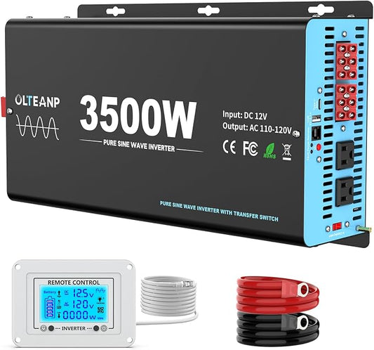 3500W Pure Sine Wave Power Inverter with Transfer Switch, 12V DC to 120V AC Converter, 7000W Peak, Auto Switch to Shore Power, Remote LCD Controller, USB & Type-C for RV, Truck, Off-Grid Heavy Duty