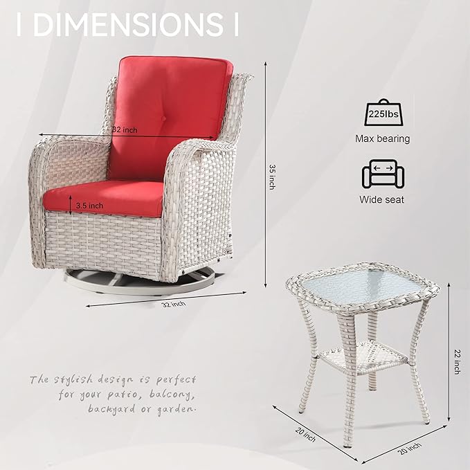 Joyside Outdoor Rocker Swivel Patio Chairs Set of 4 with 2 Matching Side Tables - 6 Pieces Patio Wicker Conversation Set with Premium & Soft Fabric Cushions(Light Grey/Red)
