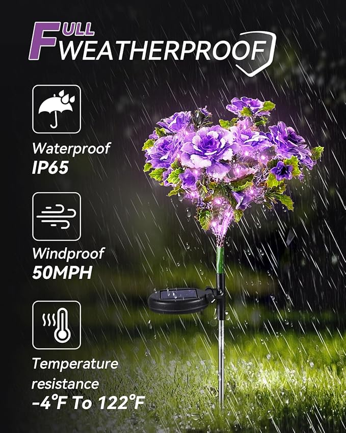 Neporal Solar Light Outdoor - 2 Pack Solar Garden Lights with Purple Carnation Solar Flowers, Solar Lights Outdoor Waterproof IP65, Solar Outdoor Lights Decorative for Outdoor Garden Decoration.