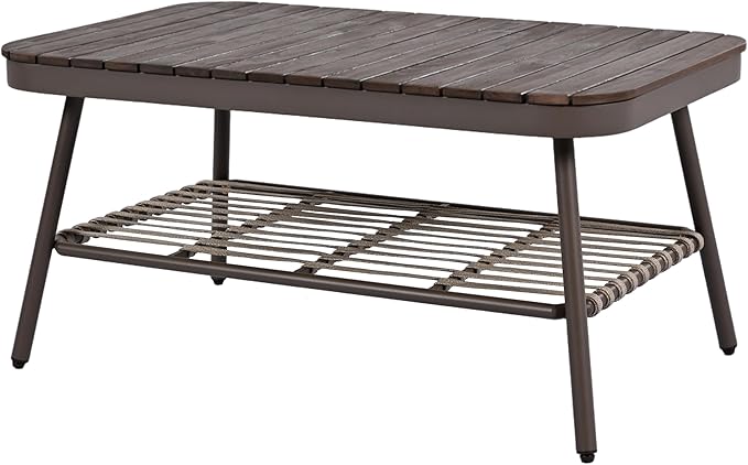 Montary 4-Piece U-Shaped Outdoor Patio Conversation Set - Metal Chairs with Woven Rope Design, Includes Acacia Coffee Table & Thick Cushions for Garden,Poolside, Balcony, Backyard (Brown)