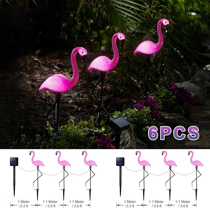 Solar Flamingo Light 6 Pcs, Waterproof Solar Garden Lights Outdoor Decor, Pink Flamingo Garden Decor, Birthday Christmas New Home Gift, for Yard Lawn Walkway Pathway