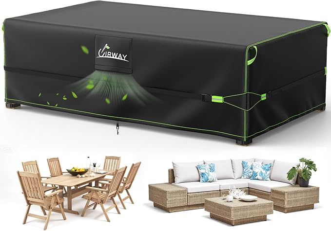 UIRWAY 600D Heavy Duty Patio Furniture Covers-Upgraded 5 Layers Tough Oxford Fabric Waterproof Outdoor Table Cover for Table and Chairs with Triple-Layer Windproof Design Fits 74" L × 47" W × 28" H