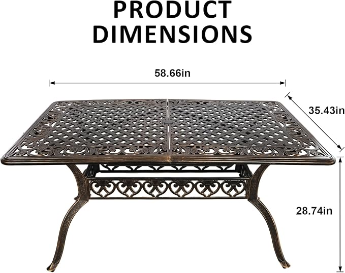 Outdoor Dining Table for 4-6 Person, 58.66" Cast Aluminum Patio Table with 2.56" Umbrella Hole, Outdoor Bistro Table for Backyard, Garden, Patio