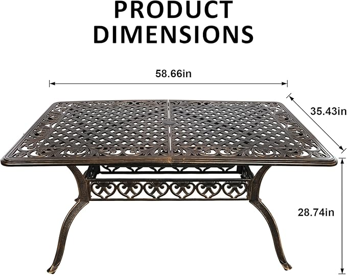 Patio Dinning Set Weather Resistant Cast Aluminum Patio Furniture Set with Umbrella Hole, Bistro Dining Set for Garden (59" x 28" Table C and 6 Chairs Bronze, 7 Pieces)