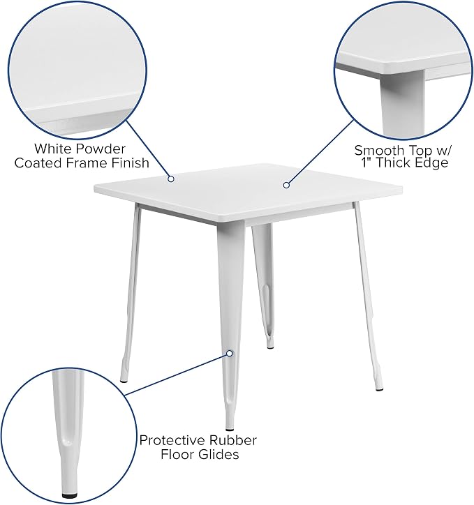 EMMA + OLIVER Commercial Grade 31.5" Square White Metal Indoor-Outdoor Table