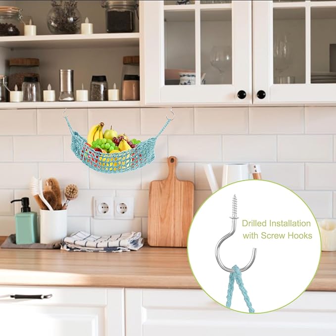 Macrame Fruit Hammock 1 Pack Cotton Fruit Holder Net Under Cabinet Veggie Storage Space Saving Kitchen Decor with Hooks (Light Blue)