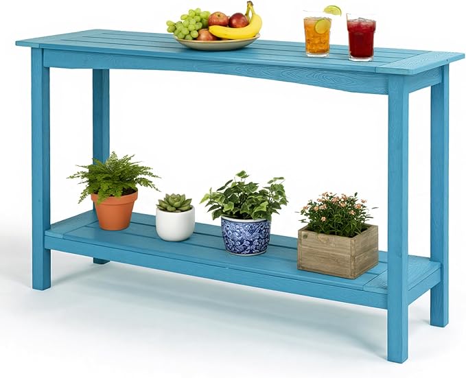 Outdoor Console Table, All-Weather 2-Tier Patio Console Table, Outside Plant Stand Table, Low Maintenance, Never Rot or Fade, HIPS Table for Indoor, Backyard, Garden, Entryway, Light Blue