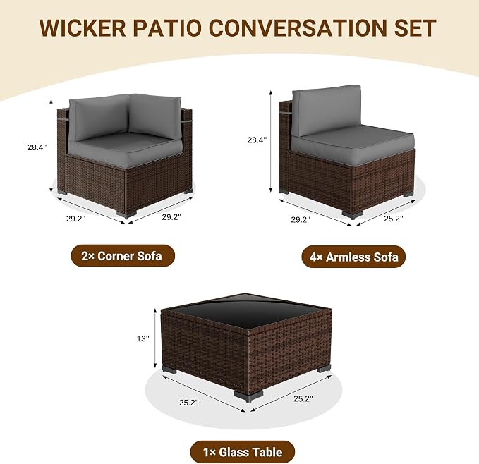 Patio Furniture Set, Modular 7-Piece Patio Conversation Sets with Coffee Table, All-Weather Wicker Outdoor Sectional for Backyard and Balcony, Grey (Waterproof Covers Included)