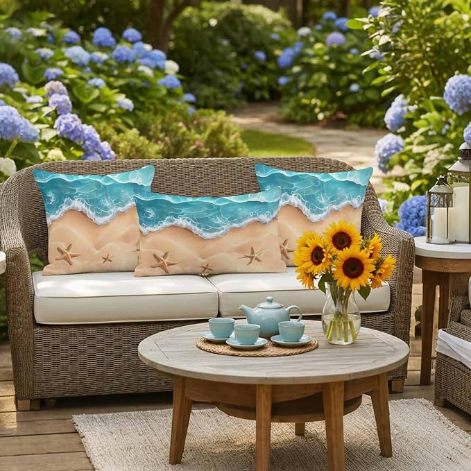 Ocean Beach Waterproof Outdoor Pillow Covers Set of 2 Home Decor, Starfish Sea Waves Coastal Seaside Sand Pillowcase Patio Pillow Covers for Couch Bench Furniture Garden 20x20in