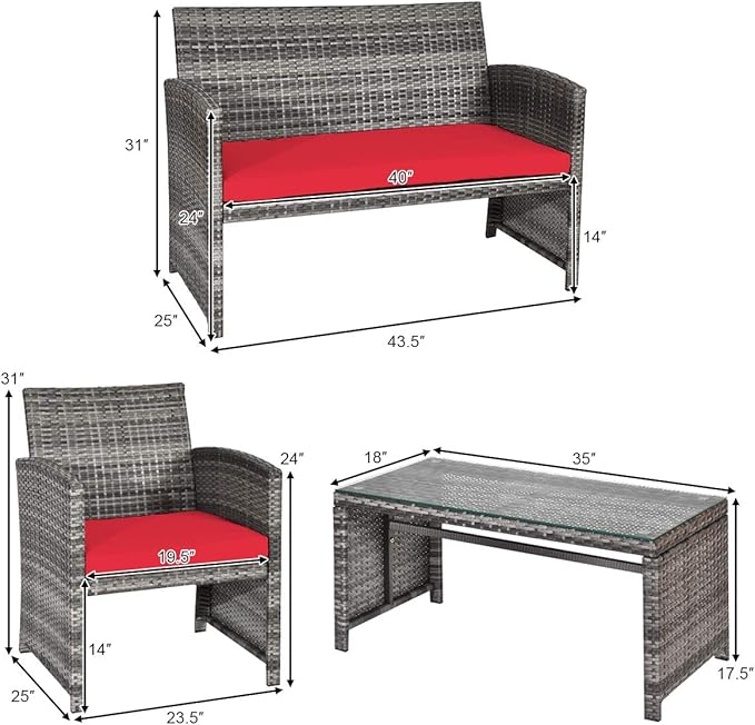 Giantex 4 Pc Patio Conversation Set, Rattan Loveseat & Patio Chairs with Cushioned Seat, Wicker Coffee Table, Outdoor Furniture Set for Front Porch Poolside Garden Lawn