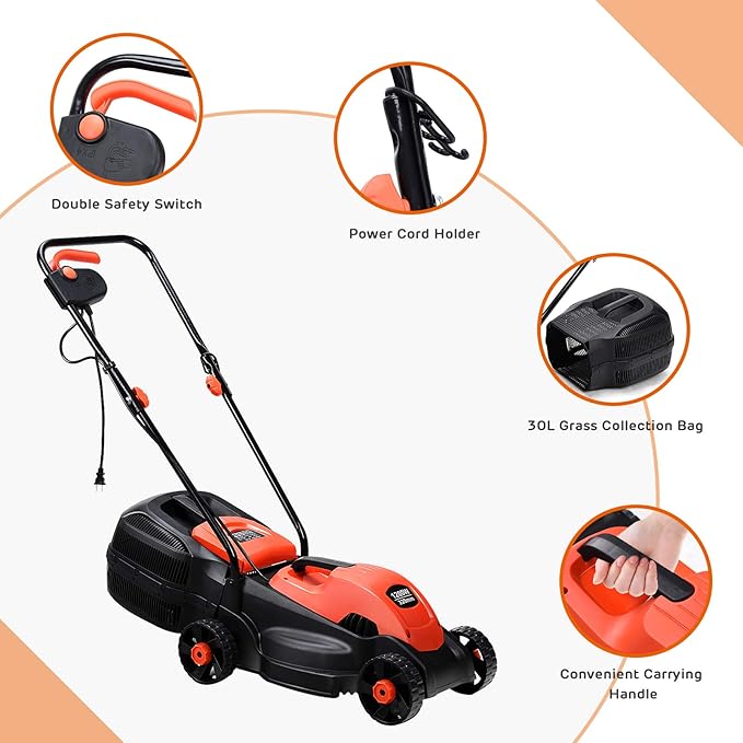 IRONMAX Electric Lawn Mower, 12.5 Amp 1200W Corded Push Mower with 3 Cutting Heights, 30L Grass Collection Bag, Folding Handle, 13" Walk-Behind Lawn Mowers for Yard Garden Farm (Red)