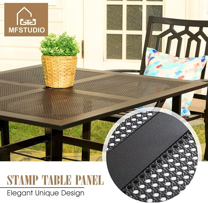 MFSTUDIO Patio Dining Set for 4, Outdoor Table and Chairs Set with Umbrella Hole, 5 Piece Metal Patio Furniture Set for Deck, Backyard, Poolside & Garden