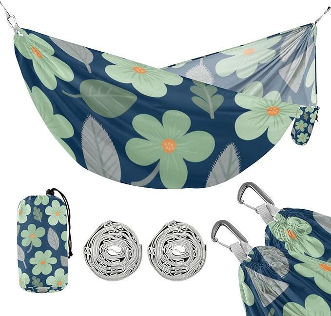 Dark Green Flowers and Leaf Dark Blue 330lb Capacity Outdoor Hammock with Tree Straps Indoor Hammock for Outside Patio Backyard Poolside hamaca con soporte para adultos