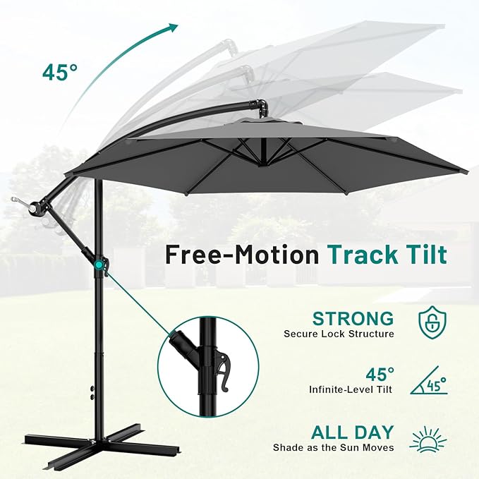 AreShark 10FT Patio Outdoor Umbrella, Offset Patio Umbrella Cantilever Umbrella, 6 Sturdy Ribs, Easy Adjustment for Garden Market Pool with Cross Base (Gray)