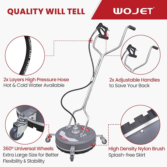 WOJET 18” Pressure Washer Surface Cleaner with 4 Wheels & Dual Handles, 4500PSI Surface Cleaner Attachment for Pressure Washer for Concrete Driveway Sidewalk Deck Patio Cleaning, 3/8'' Quick Connect