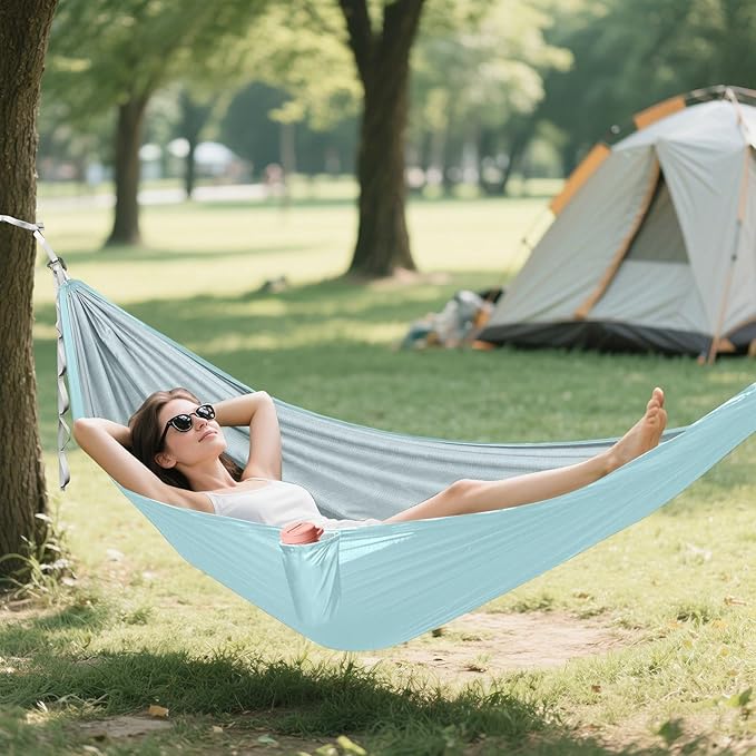Powder Blue Solid Color Pure Plain 330lb Capacity Outdoor Hammocks with Tree Straps Cloth Hammock for Outside Patio Backyard Poolside hamaca de Algodon para Jardin